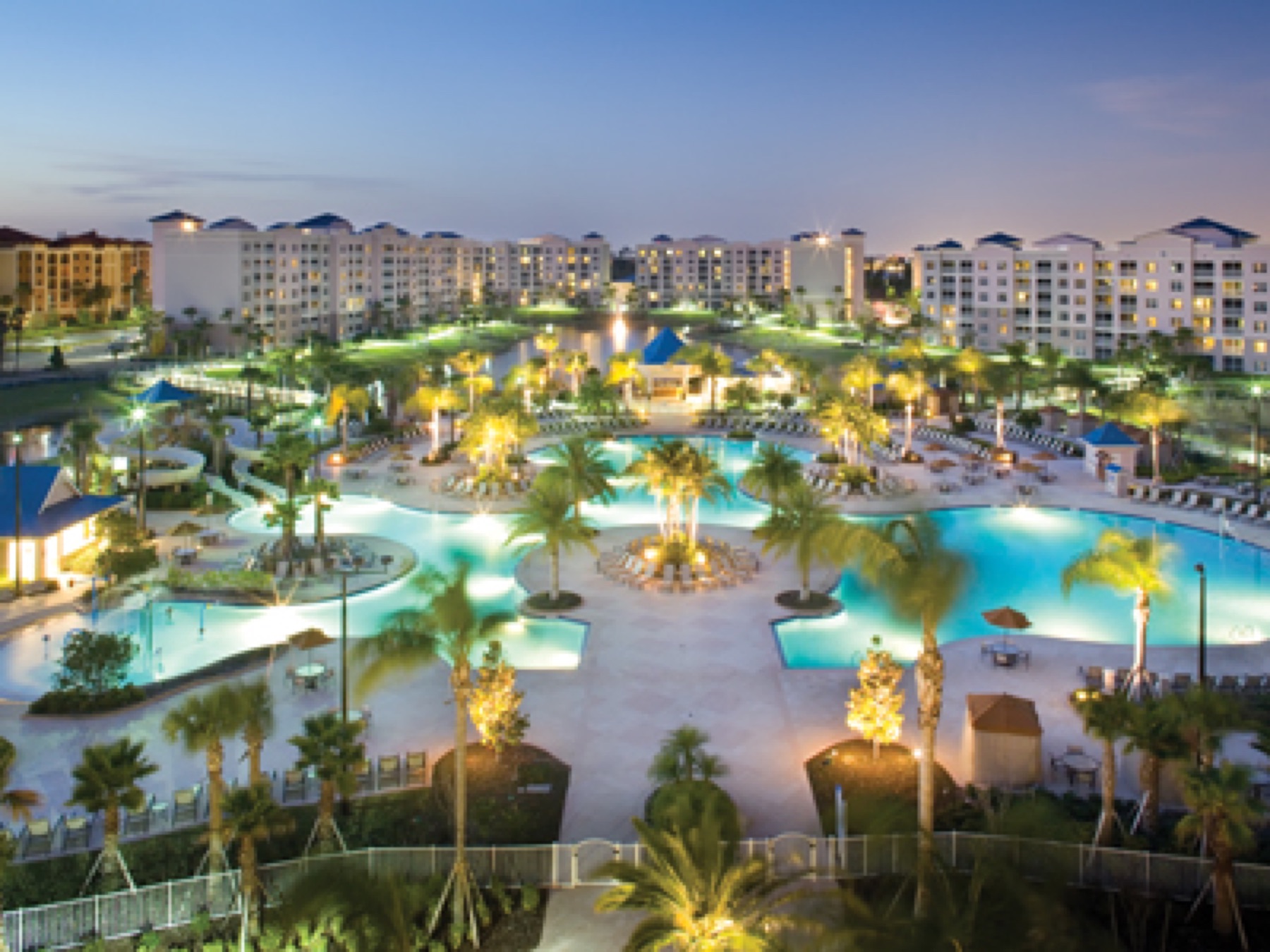 Completed resort and hospitality project at dusk