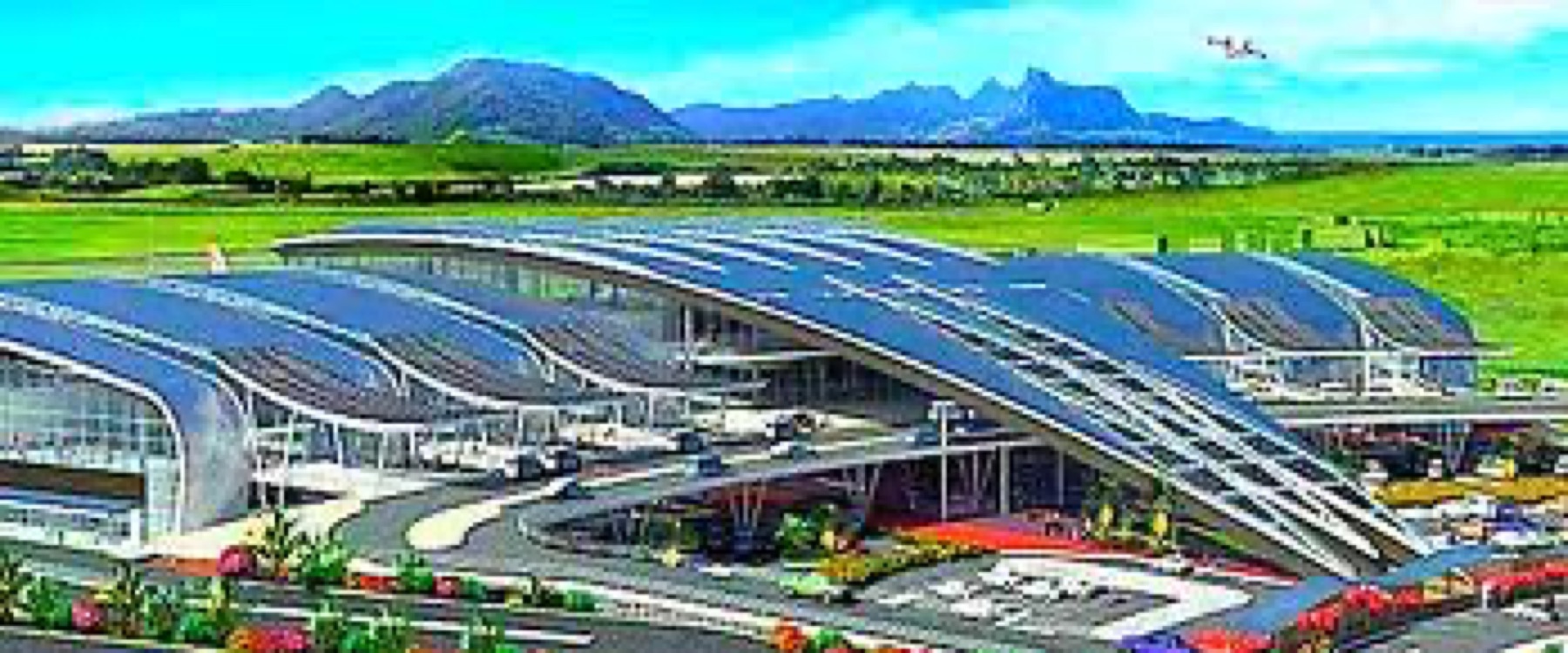 International airport terminal under construction, aerial